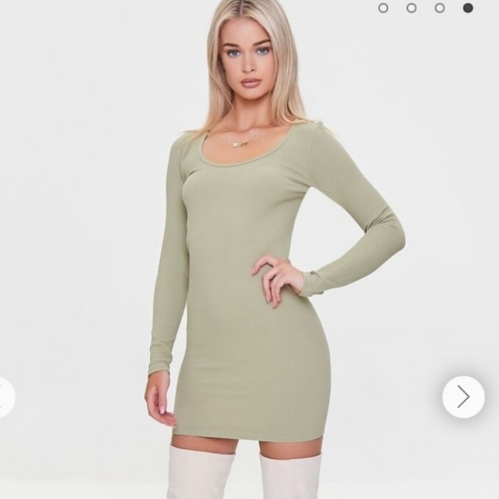 Elegant Olive Green Long Sleeve Short Dress